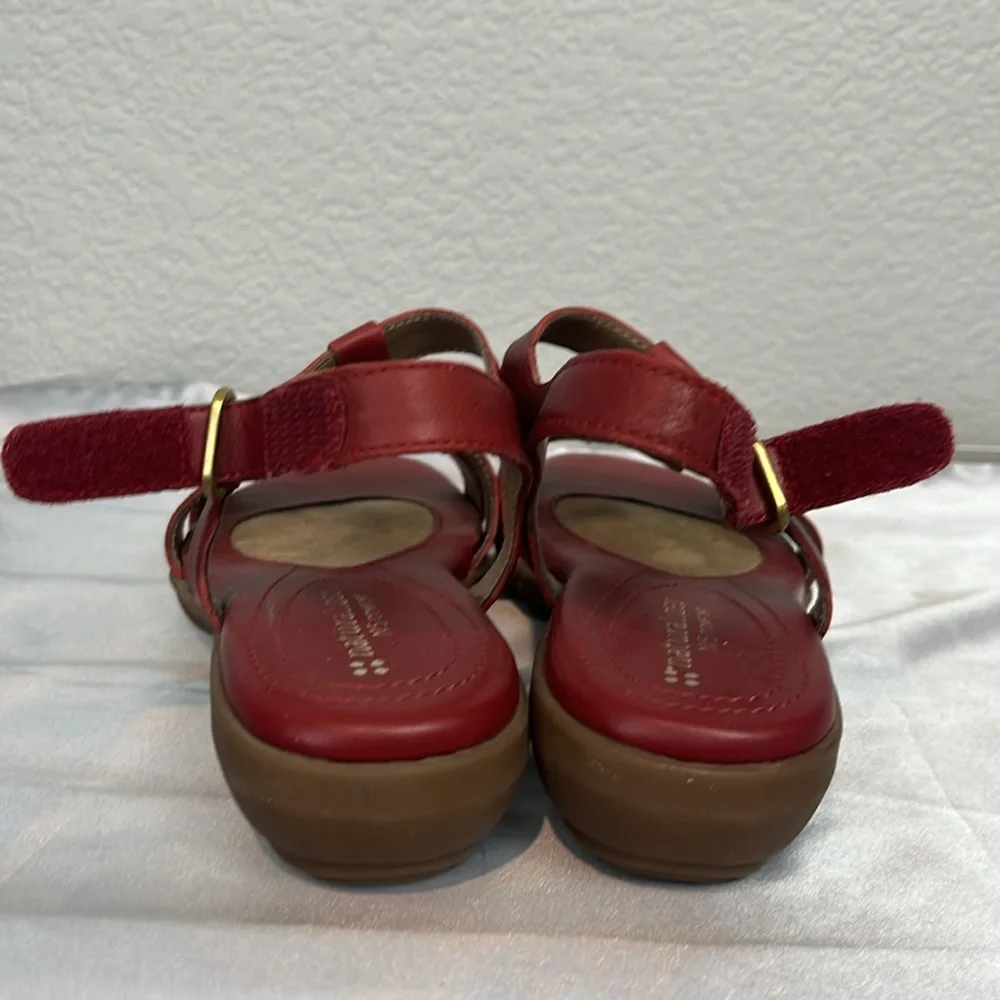 Naturalizer Red Leather T-Strap Sandals with Brass Accents - Picture 3 of 10